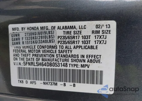 2013 Honda Odyssey Ex-L from USA, damaged, VIN 5FNRL5H64DB053148